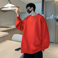 Men's loose round neck sweater in white, made from polyester
