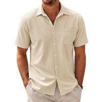 Men's short sleeve beige shirt with a pocket, perfect for casual street fashion style.