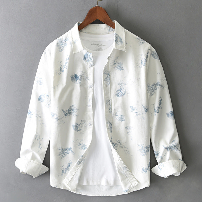 Men's casual long sleeve shirt in white with blue floral pattern, perfect for everyday matching outfits.