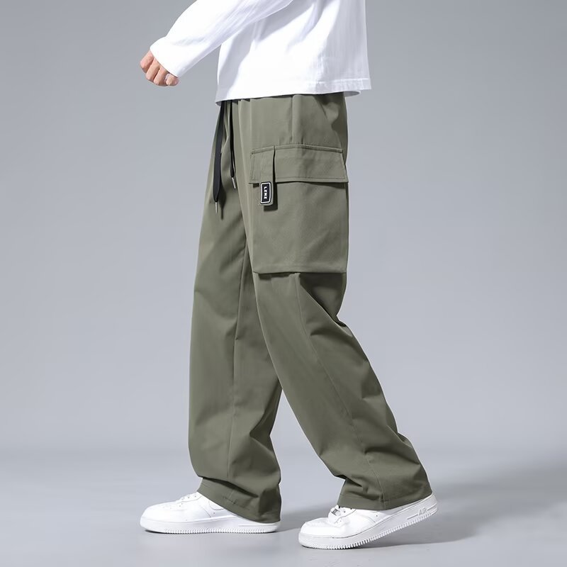Men Loose Pockets Drawstring Boys Straight Cargo Pants