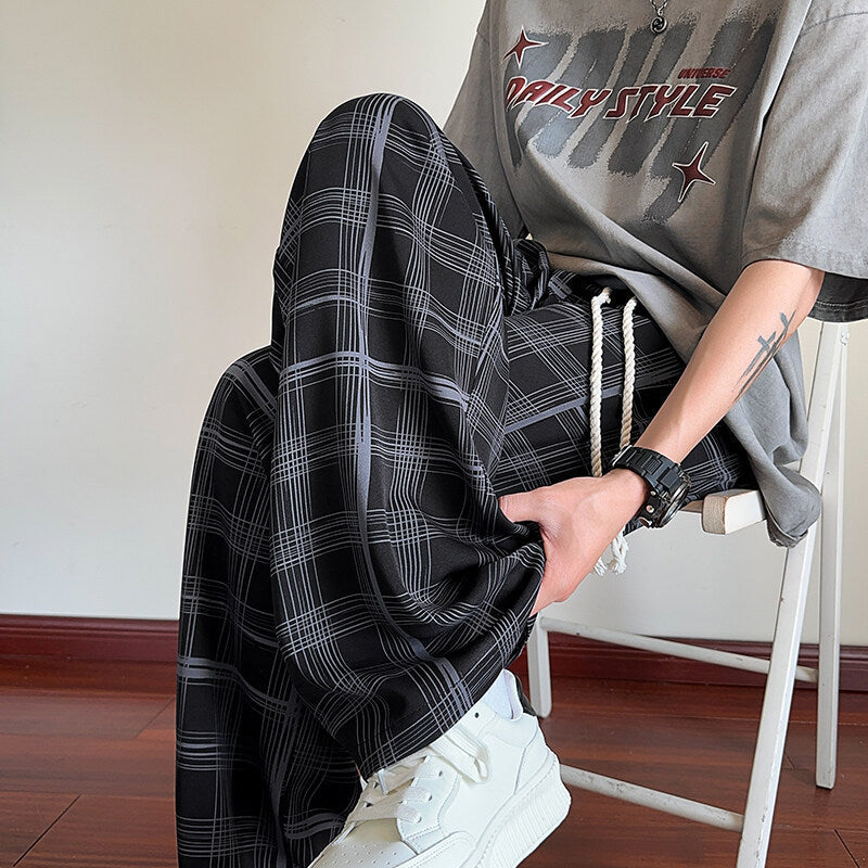 Men Plaid Ice Silk Men's Summer Thin Cool Casual Trousers